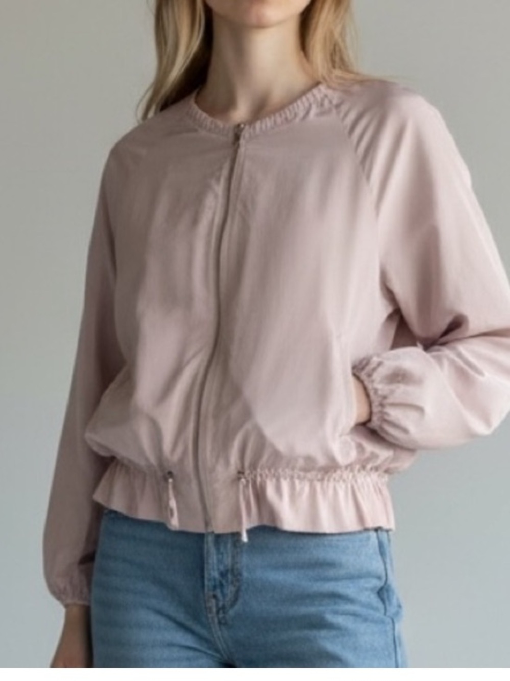Zara Basic lightweight crew neck peplum drawstring windbreaker jacket lilac pink